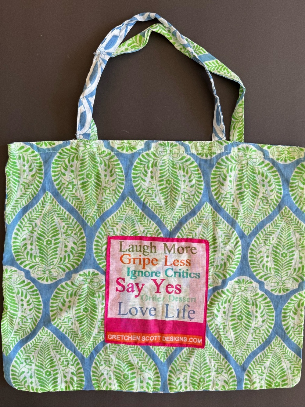 Gretchen Scott Designs Blue and Green Printed Tote with Inspirational Patch